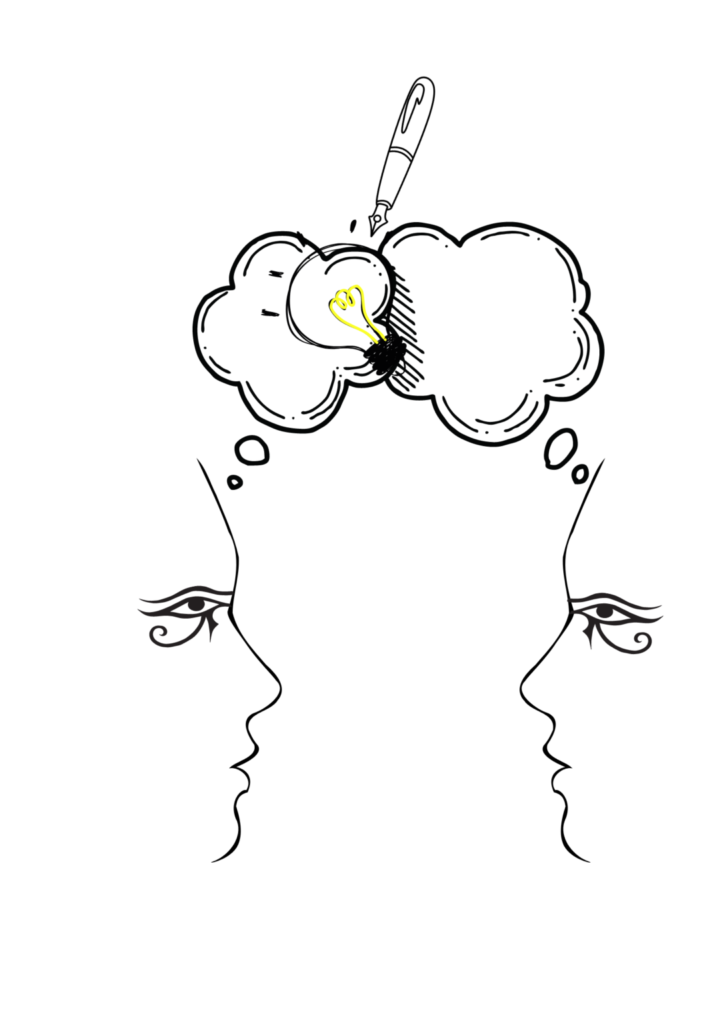 Voorbeeld van een Mindvulpen-illustratie: twee hoofden en profil met een samensmeltende denkwolk waarin een gloeilamp zichtbaar is. Daarboven hovert een vulpen.