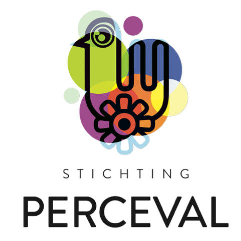 Logo van Perceval: een bontgekleurde vogel met een bloem
